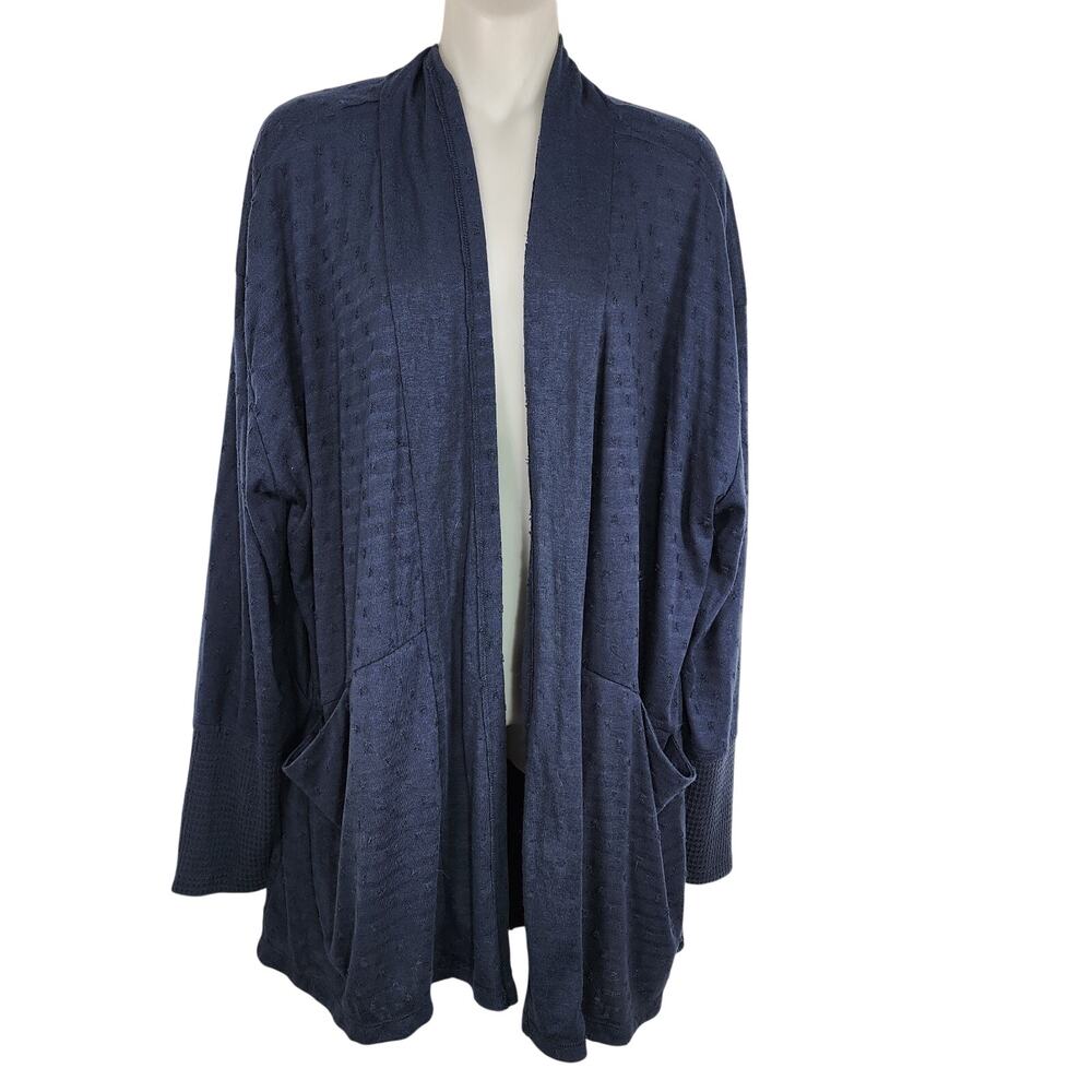 Maurices Womens Cardigan Navy Blue 2X Clip Dot Open Front Pockets Waffle Knit